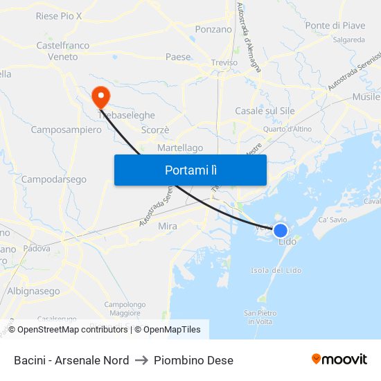 Bacini - Arsenale Nord to Piombino Dese map