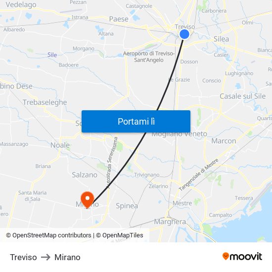 Treviso to Mirano map