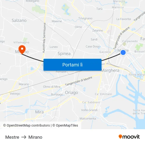 Mestre to Mirano map
