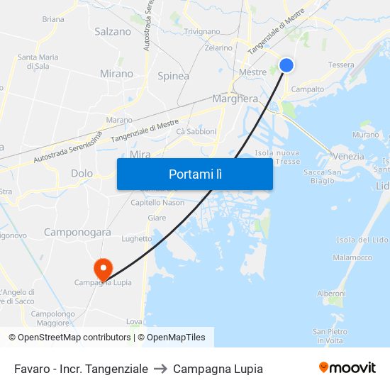 Favaro - Incr. Tangenziale to Campagna Lupia map