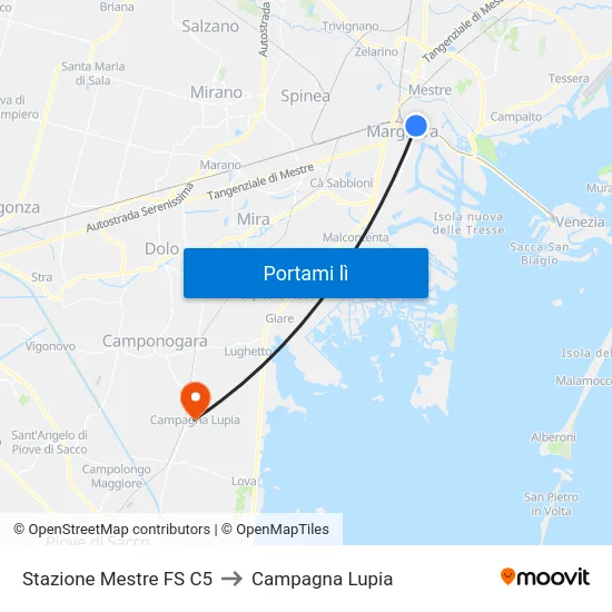 Stazione Mestre FS C5 to Campagna Lupia map