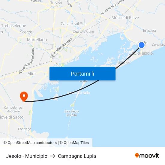 Jesolo - Municipio to Campagna Lupia map
