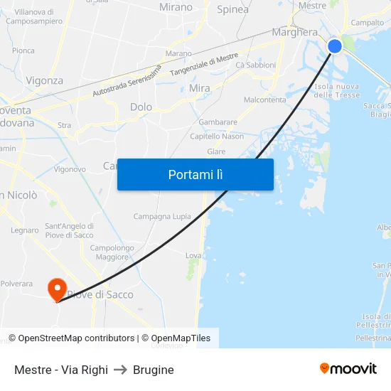 Mestre - Via Righi to Brugine map