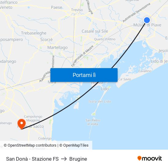 San Donà - Stazione FS to Brugine map