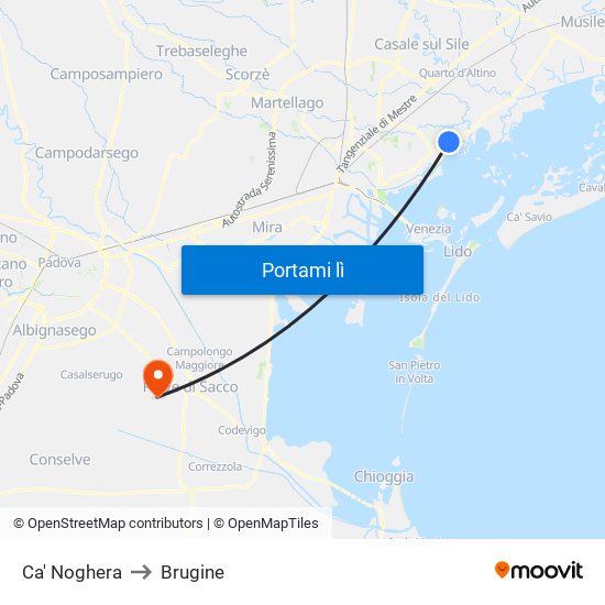 Ca' Noghera to Brugine map