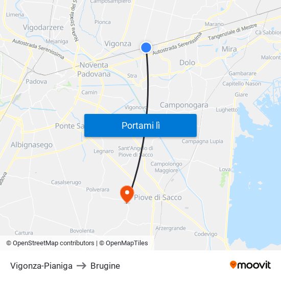 Vigonza-Pianiga to Brugine map