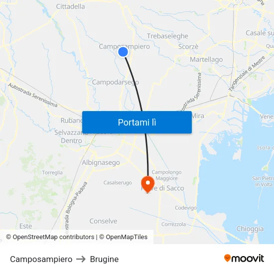Camposampiero to Brugine map