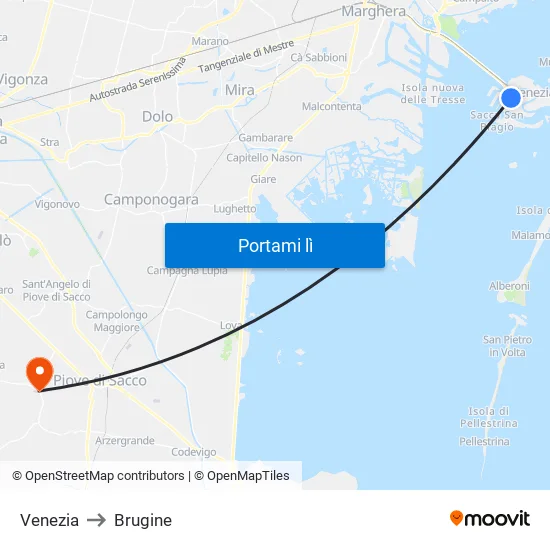 Venezia to Brugine map