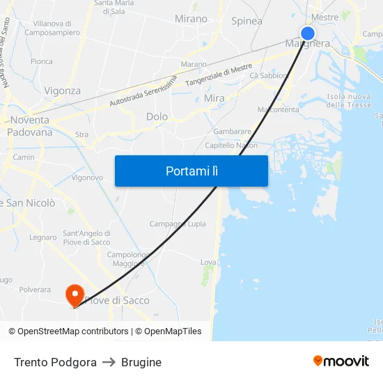 Trento Podgora to Brugine map