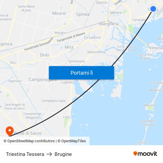 Triestina Tessera to Brugine map
