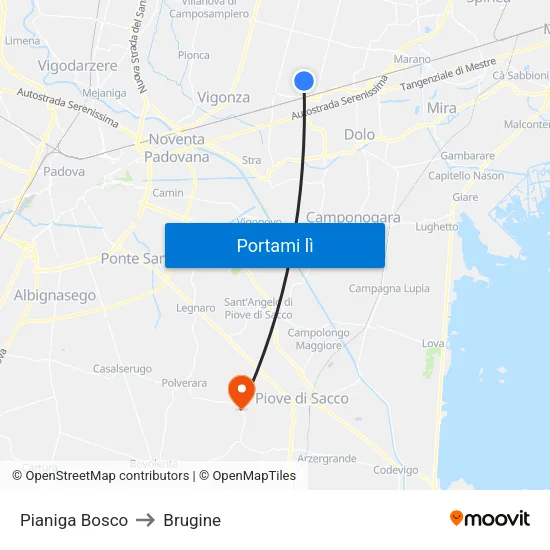 Pianiga Bosco to Brugine map