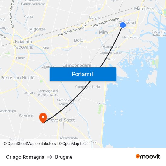 Oriago Romagna to Brugine map