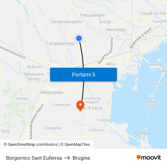 Borgorrico Sant Eufemia to Brugine map