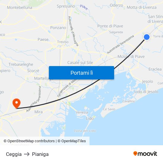 Ceggia to Pianiga map