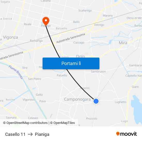 Casello 11 to Pianiga map