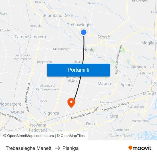 Trebaseleghe Manetti to Pianiga map