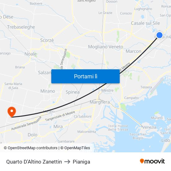Quarto D'Altino Zanettin to Pianiga map