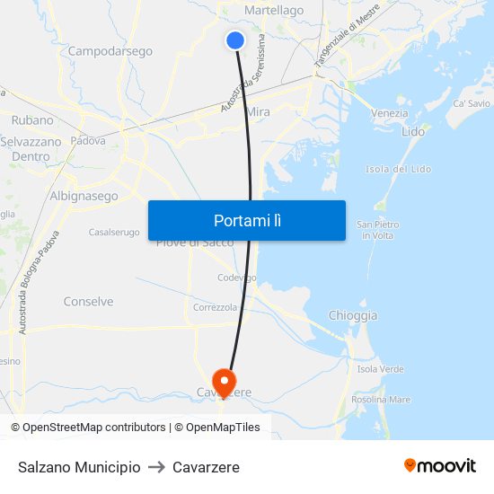 Salzano Municipio to Cavarzere map