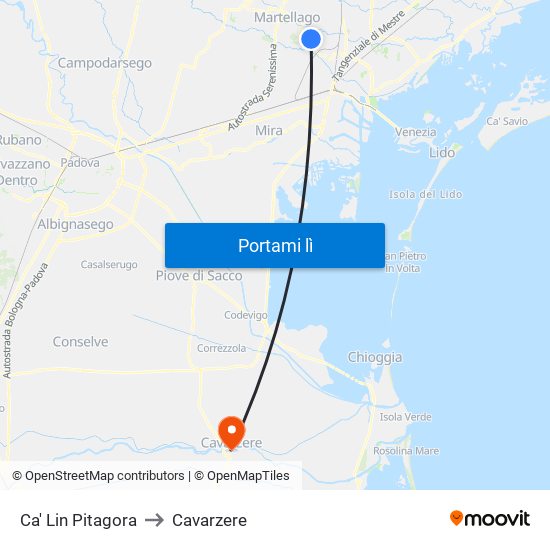 Ca' Lin Pitagora to Cavarzere map