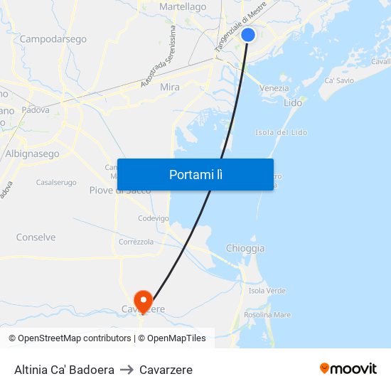 Altinia Ca' Badoera to Cavarzere map