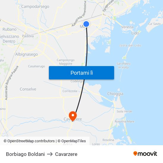 Borbiago Boldani to Cavarzere map