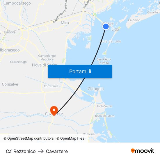Ca' Rezzonico to Cavarzere map
