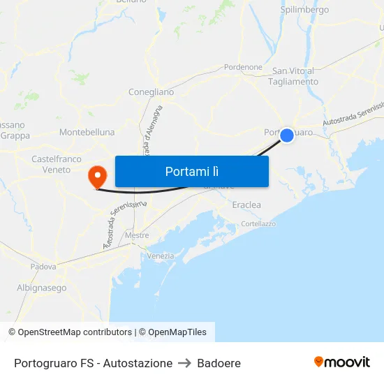 Portogruaro FS - Autostazione to Badoere map