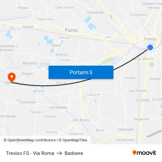 Treviso FS - Via Roma to Badoere map