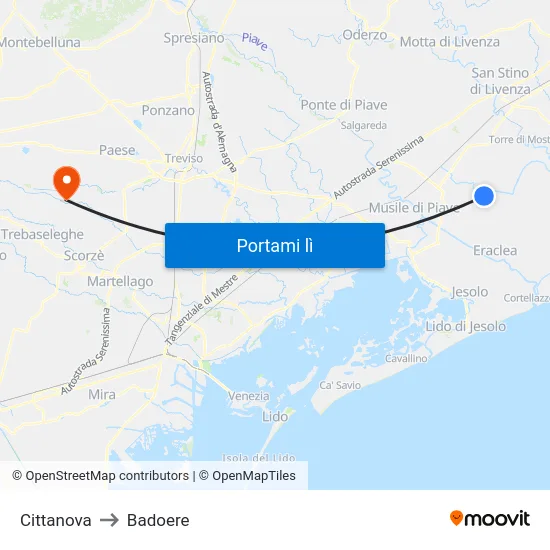 Cittanova to Badoere map