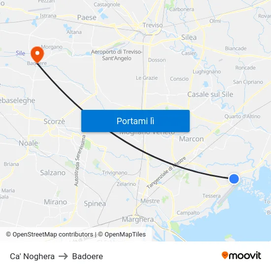 Ca' Noghera to Badoere map