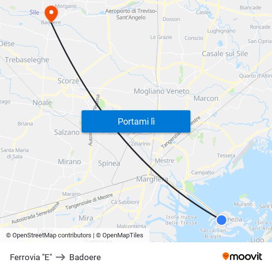 Ferrovia "E" to Badoere map