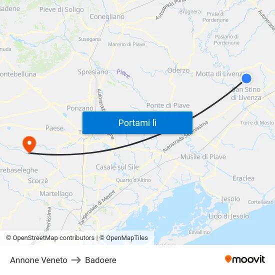 Annone Veneto to Badoere map