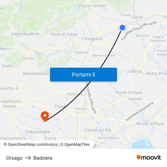 Orsago to Badoere map