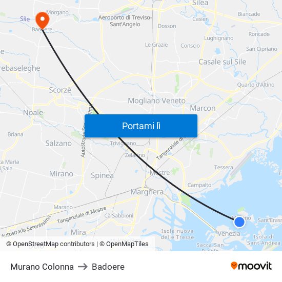 Murano Colonna to Badoere map