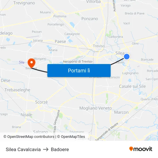 Silea Cavalcavia to Badoere map