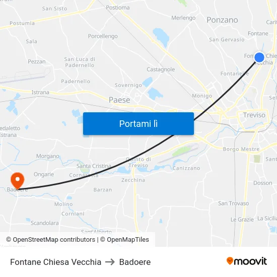 Fontane Chiesa Vecchia to Badoere map