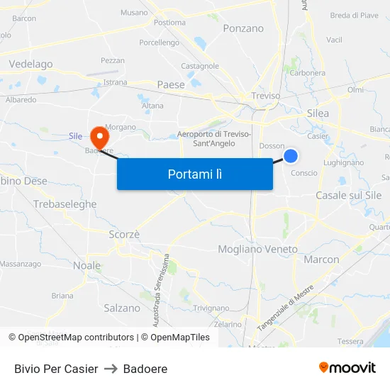 Bivio Per Casier to Badoere map