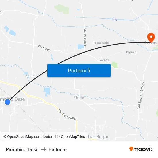 Piombino Dese to Badoere map