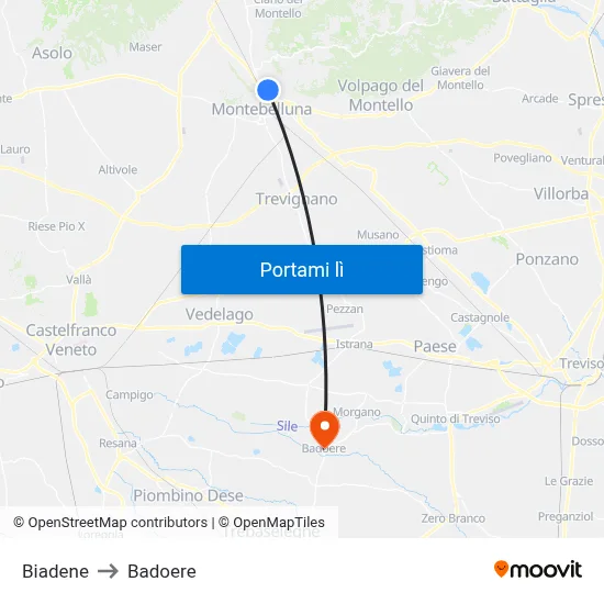 Biadene to Badoere map