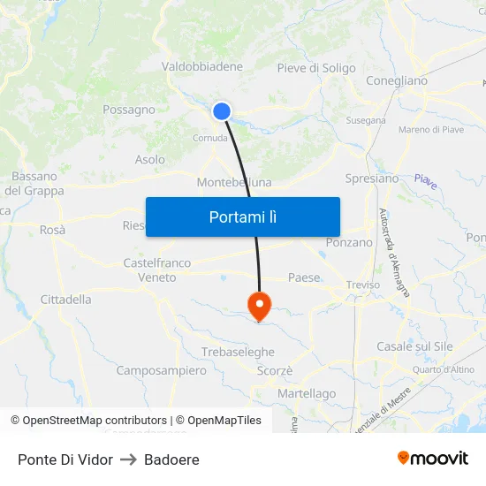 Ponte Di Vidor to Badoere map