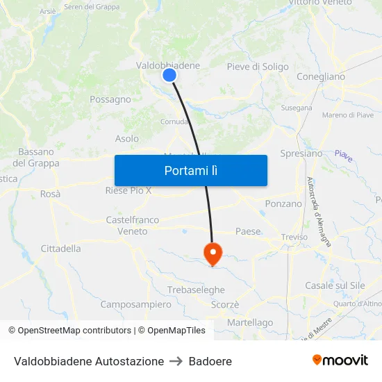 Valdobbiadene Autostazione to Badoere map