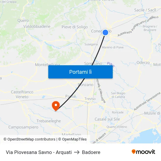 Via Piovesana Savno - Arquati to Badoere map