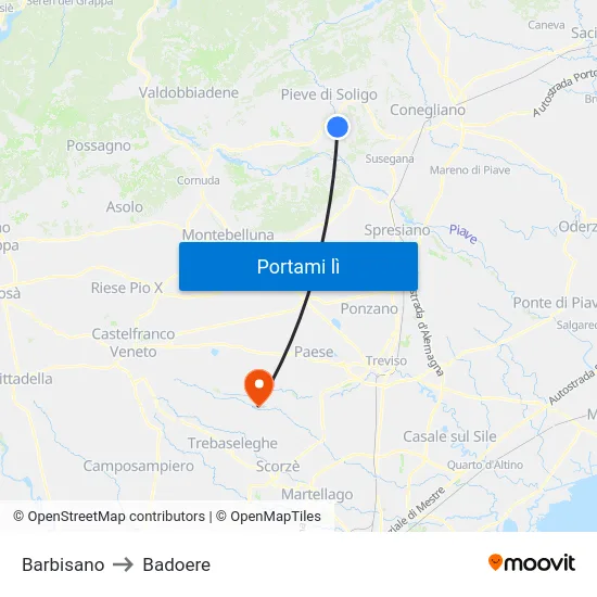 Barbisano to Badoere map