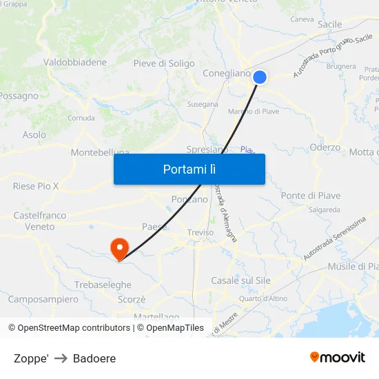 Zoppe' to Badoere map