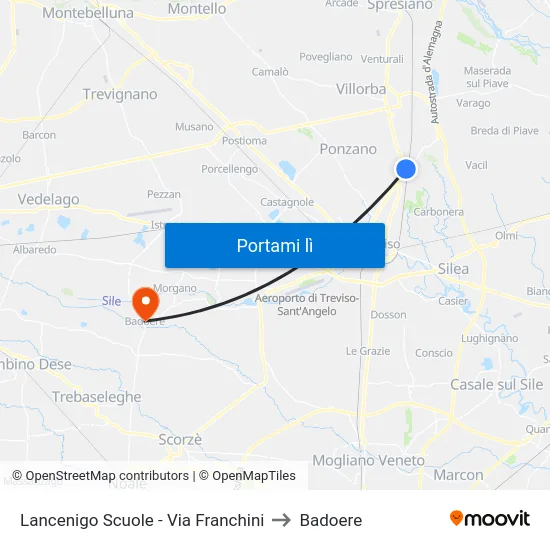 Lancenigo Scuole - Via Franchini to Badoere map