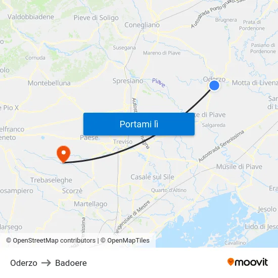 Oderzo to Badoere map