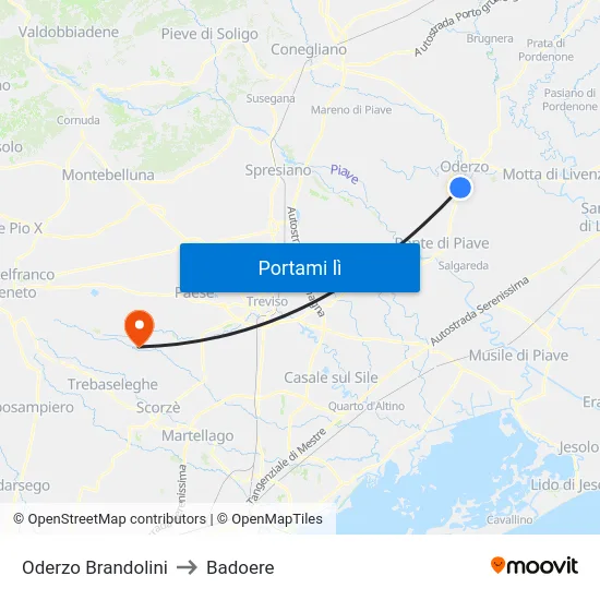 Oderzo Brandolini to Badoere map