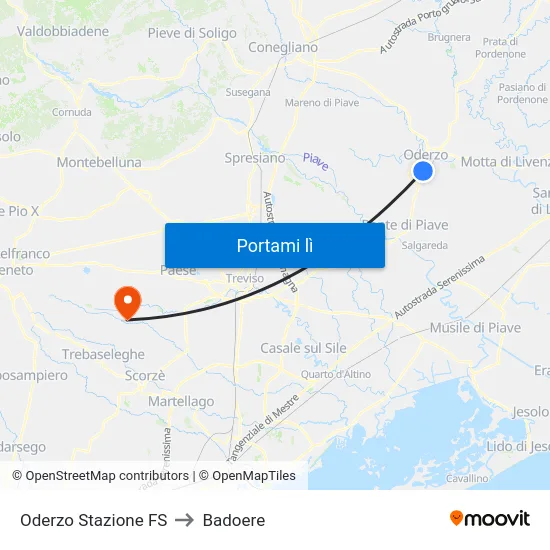 Oderzo Stazione FS to Badoere map