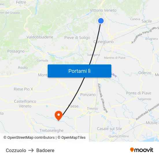 Cozzuolo to Badoere map