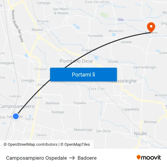 Camposampiero Ospedale to Badoere map